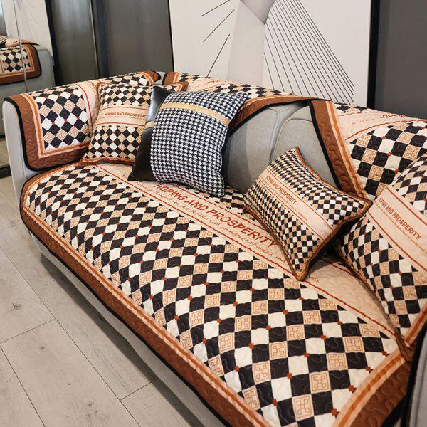 时尚新中式格子沙发垫现代简约布艺皮沙发巾套机洗沙发罩四季通用