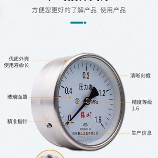 储气罐压力表Y100ZB不锈钢容器压力表杭州鹳山1.6鹤山轴向2.5卧式