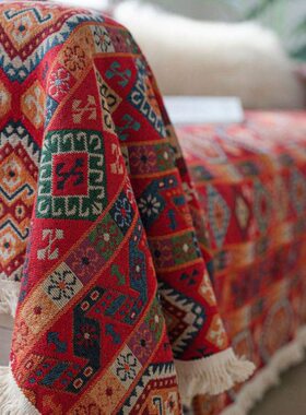 复古红色圣诞节日民族风耐脏喜庆沙发巾双人沙发布多功能盖布