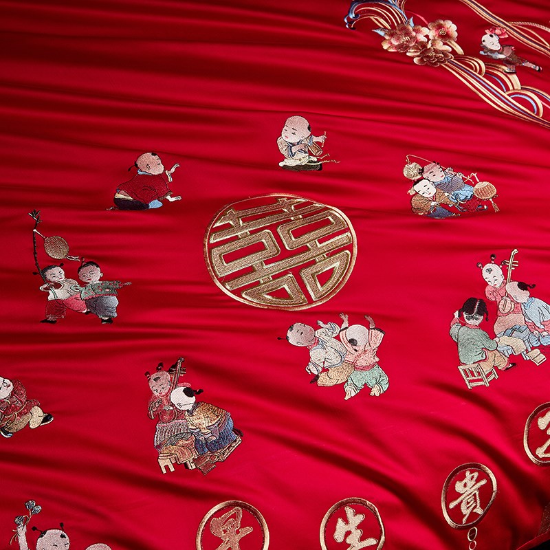 顺合美新婚四件套百子图喜庆大红刺绣喜被纯棉床上用品床单被套罩