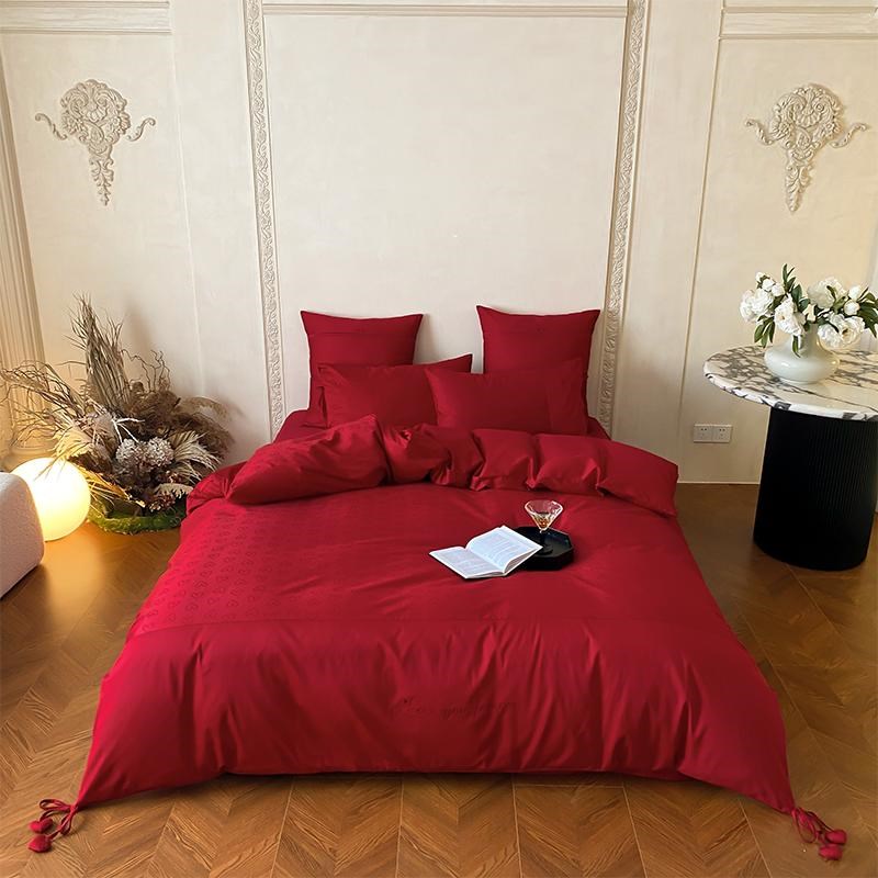 高级感刺绣花结婚庆全棉四件套100S纯棉红陪嫁床上喜被套床单