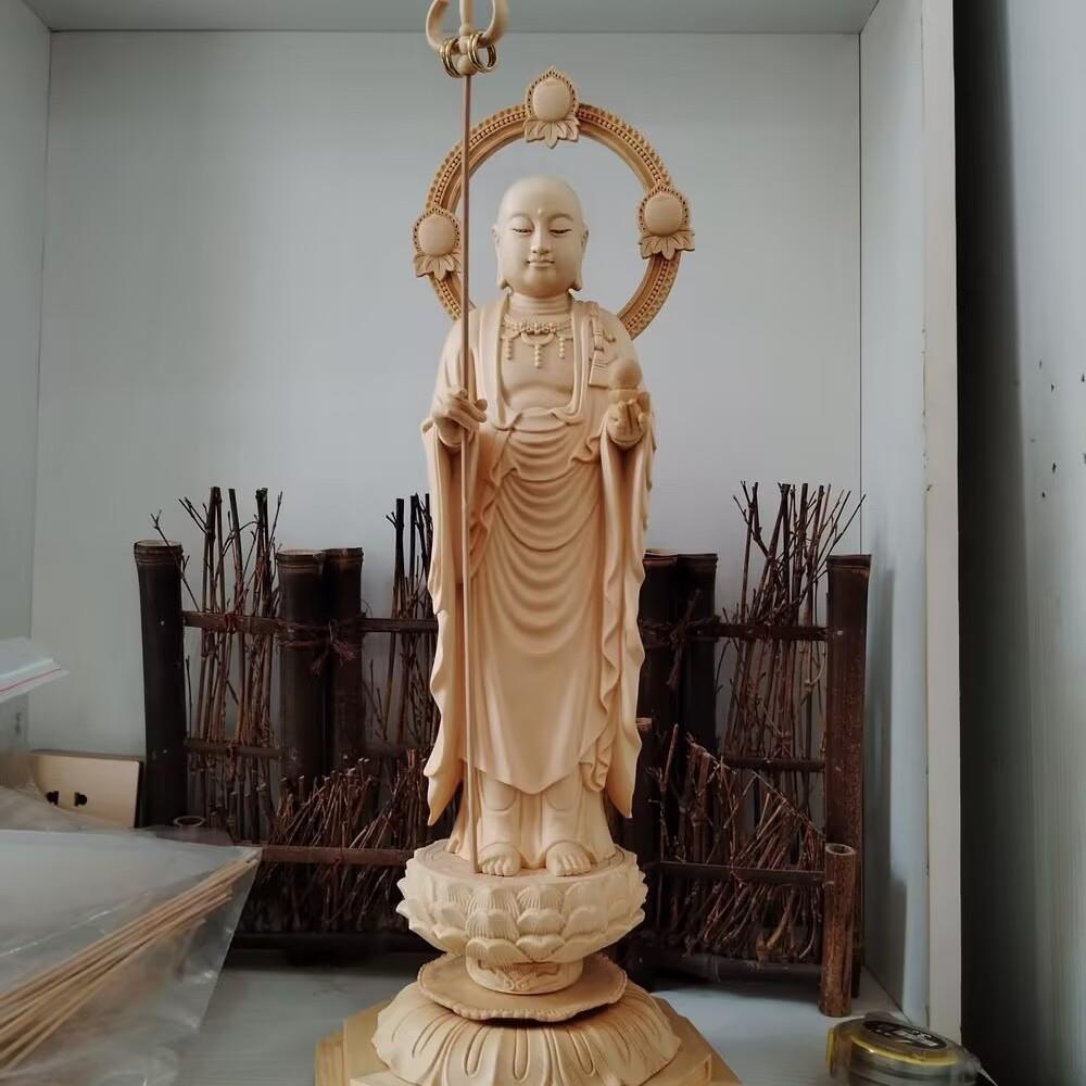 桧木雕立莲花地藏王49公分高家居木雕摆件木质工艺品摆件
