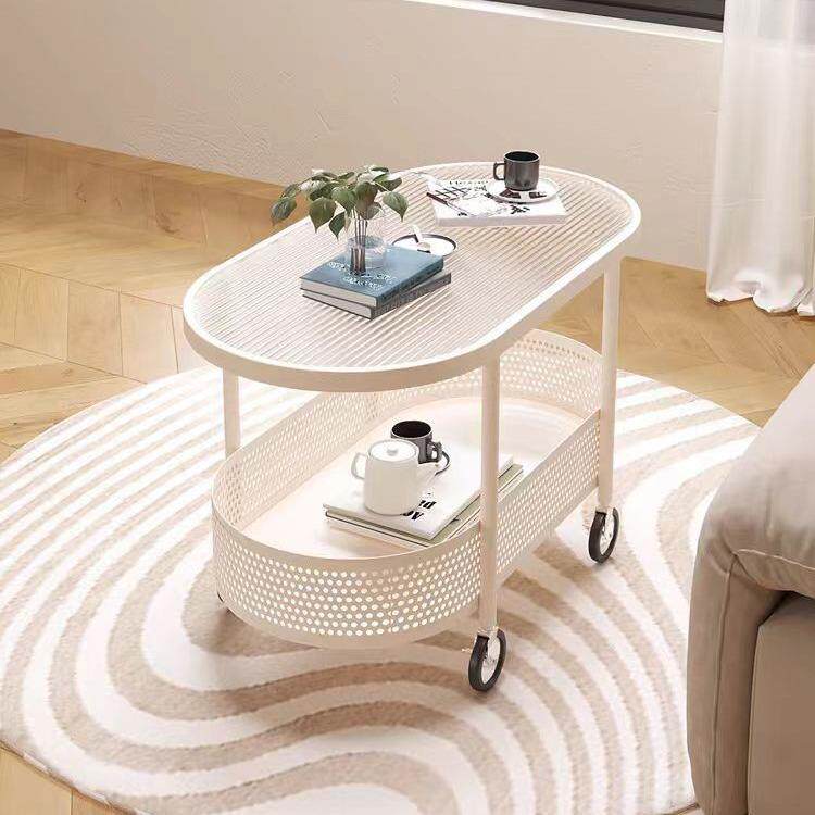 创意风可移动双层客厅沙发边几带轮奶油风小茶几铁艺玻璃小推车