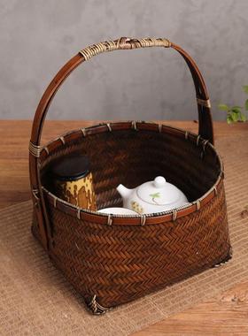 5ZV7竹制品竹编收纳筐提篮纯手工手提小篮子编织竹篮复古茶道