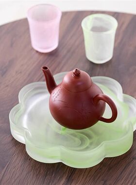 中式茶托水墨茶杯托盘粉色茶台玻璃茶盘琉璃盘承托茶餐厅茶舍壶器