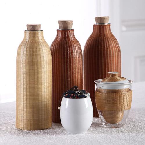 精品竹丝扣瓷杯 手工竹编热水瓶 便携保温热水壶 复古水杯茶具杯