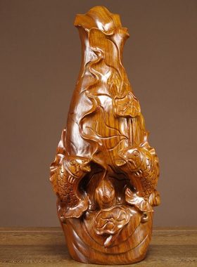 花梨木雕年年有鱼花瓶摆件实木雕刻鲤鱼家居客厅寓意摆设红木礼品