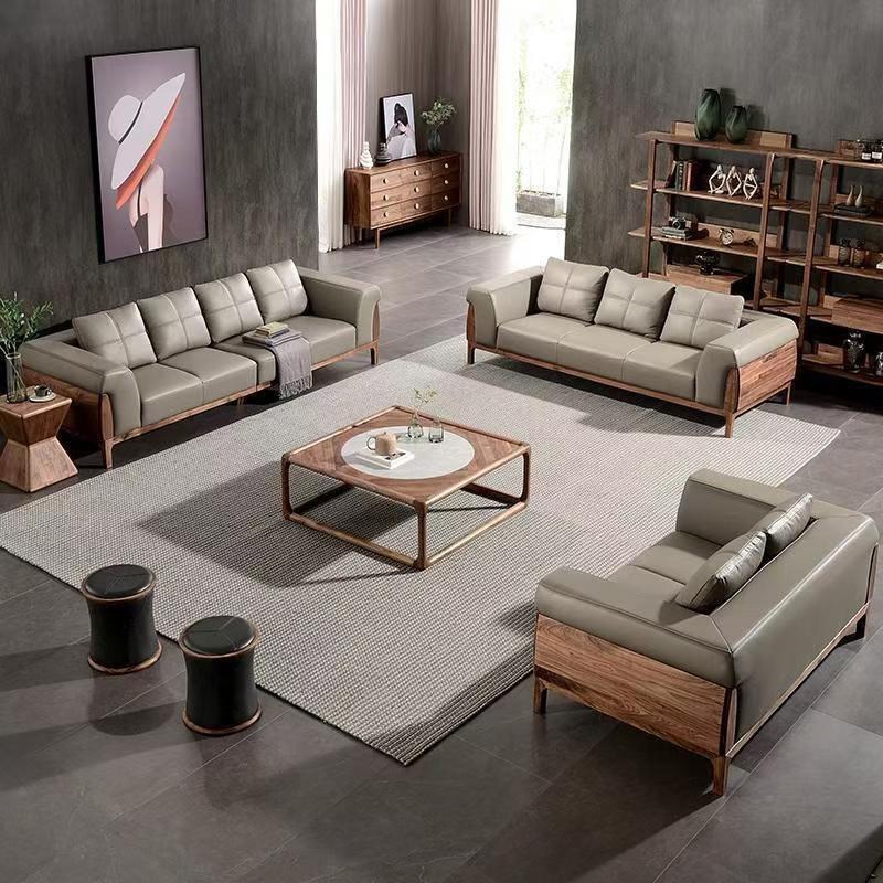 新中式禅意高端胡桃木皮艺沙发组合客E厅2025新款办公室休息区直