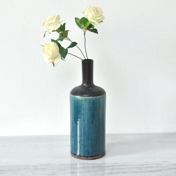 中古侘寂风时尚创意北欧陶瓷柱形蓝色细网纹细口花瓶家居摆台饰品,家居饰品,花瓶,淘宝优惠券,粉丝福利购,淘宝优惠卷