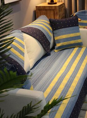 2024新款条纹沙发垫四季通用防滑棉麻亚麻皮座垫子套罩盖布巾定制