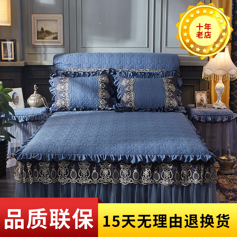欧式床裙单件床罩三件套裙式防滑夹棉加厚床套床笠V双人床裙罩枕