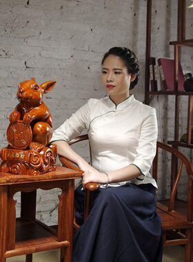 花梨木雕兔子摆件实木动物十二生肖兔家居客厅装饰送礼红木工艺品