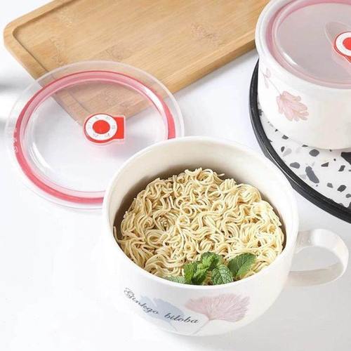 宿舍大号泡面碗可微波炉加热陶瓷碗保鲜碗密封盖带盖带把带柄家用
