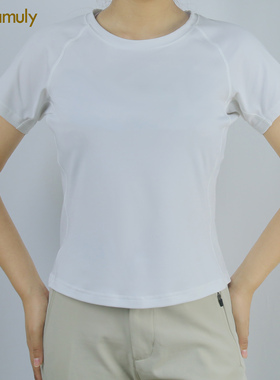 Lalamuly简约白色短袖运动风瑜伽T恤女凉感跑步健身吸汗透气上衣
