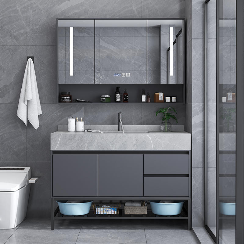 轻奢岩板一体浴室柜组合落地式洗脸洗手盆池卫生间洗漱.台现代简