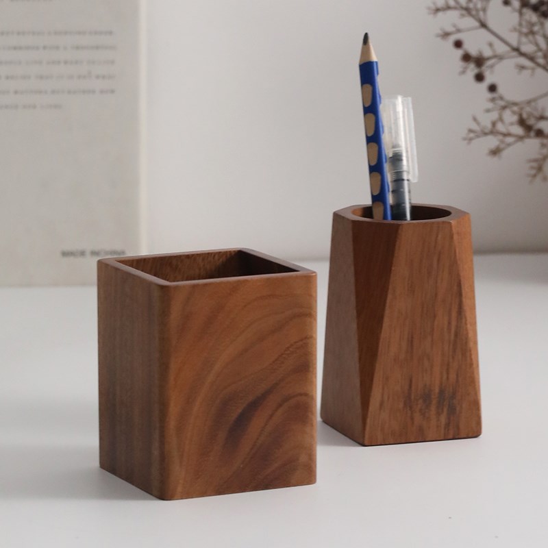 实木笔筒多功能木质笔桶桌面收纳B盒胡桃木创意时尚摆件办公室文