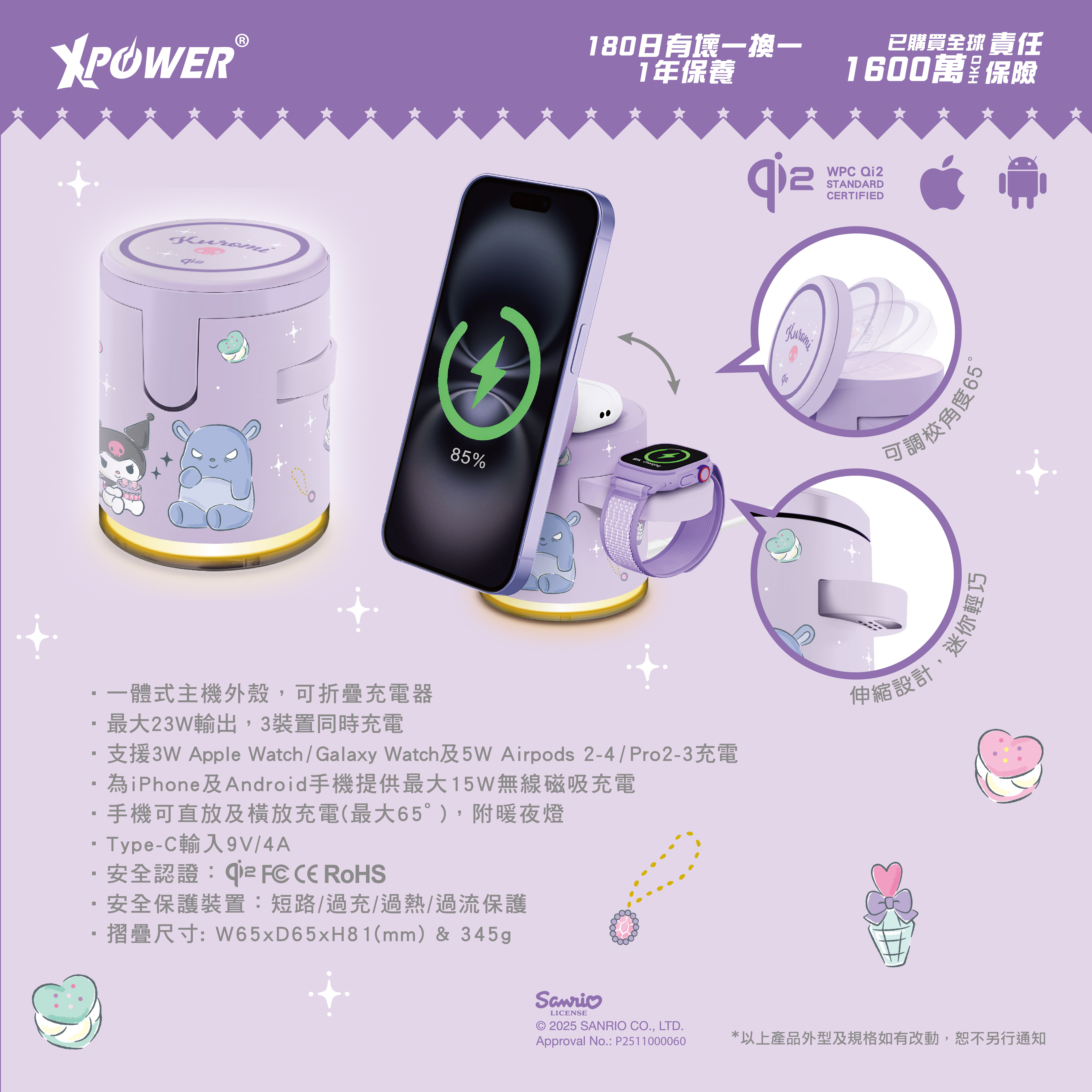 SanrioQi2迷你掌心15W无线充