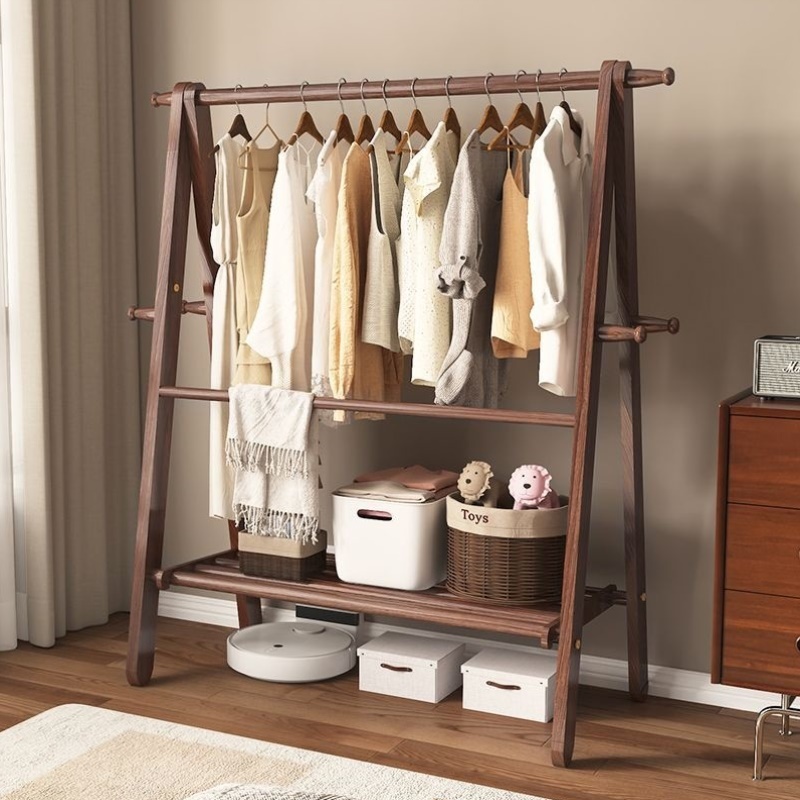 双杆落地衣架实木卧室双层挂衣架全榉木衣帽架家用阳台折叠晾衣架