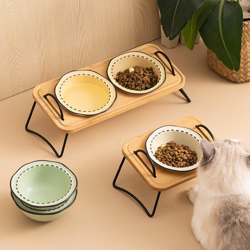 猫咪陶瓷碗双碗三粮碗高