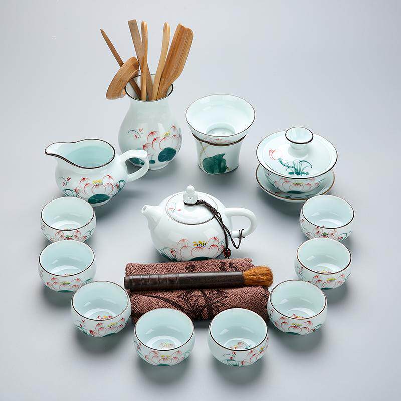 德国品质家用景德镇手绘功夫茶具整套青瓷茶壶手工荷花陶瓷套装青