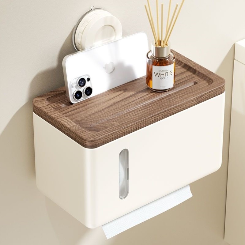 胡桃木吸盘防水纸巾盒壁挂式免打孔卫生间厕所厕纸盒抽卷纸置物架