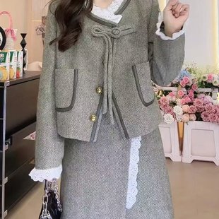 羊毛呢子短外套半身裙气质两件套 2024新款 绿色小香风套装 裙女秋季