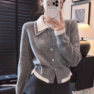 翻领假两件灰色针织毛衣开衫秋冬韩系女装短款独特漂亮小外套上衣