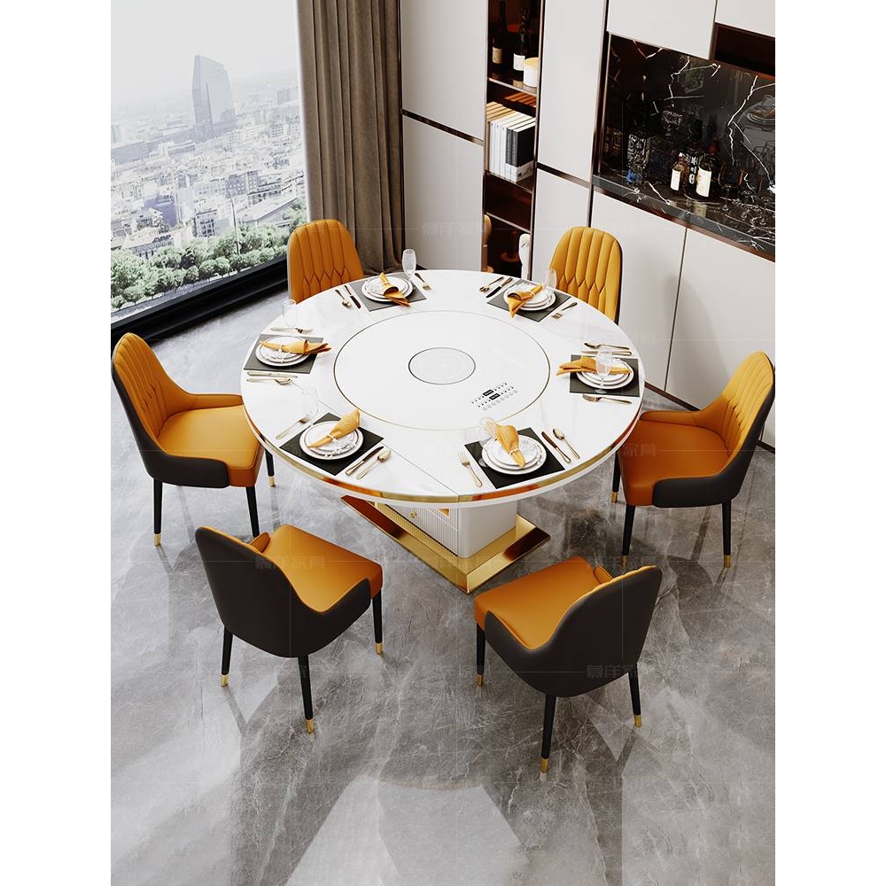 7K岩板餐桌轻奢多功能电磁炉可变圆形现代简约家用暖菜转盘吃饭桌