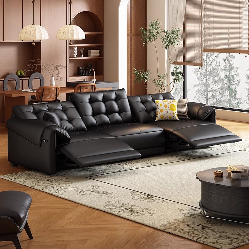 零靠墙电动真皮沙l发意式极简小户型客厅太空舱直排三人位功能沙