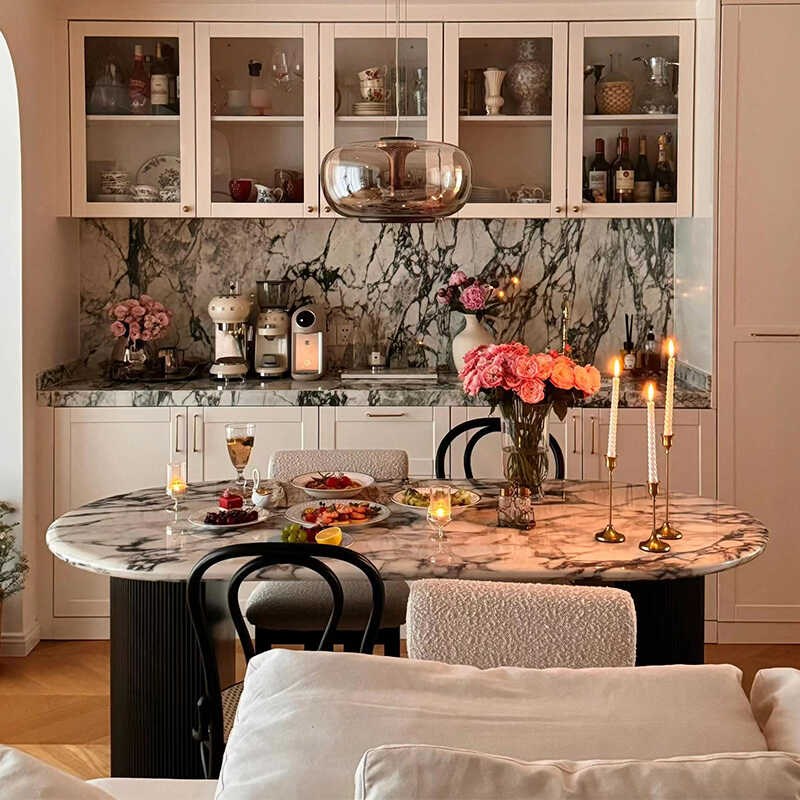 法式宝圆形格丽餐桌高级大理石轻奢高端餐桌小户V型家用奶油风