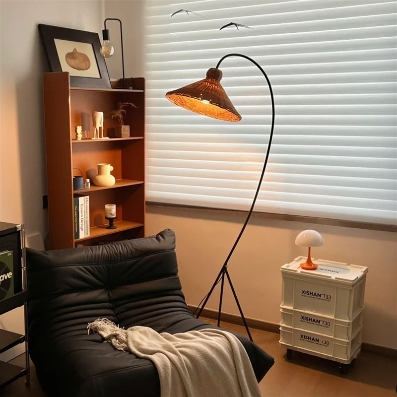 中式藤编落地灯客厅沙发法式中古风C复古日式侘寂风卧室书房钓鱼