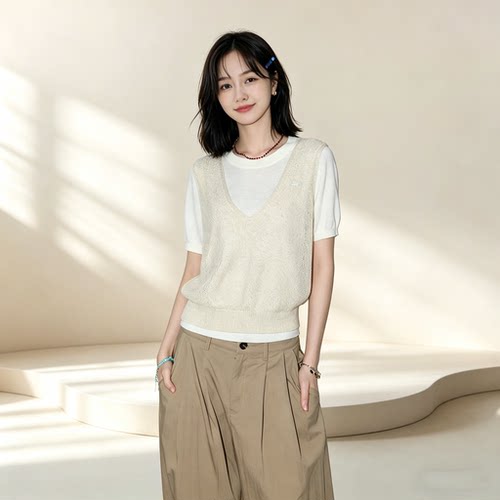 美式复古针织背心短袖套装女夏