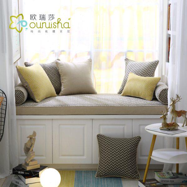 定制异型飘窗垫简约高密度海绵窗台垫榻榻米亚麻垫四季阳台垫定做