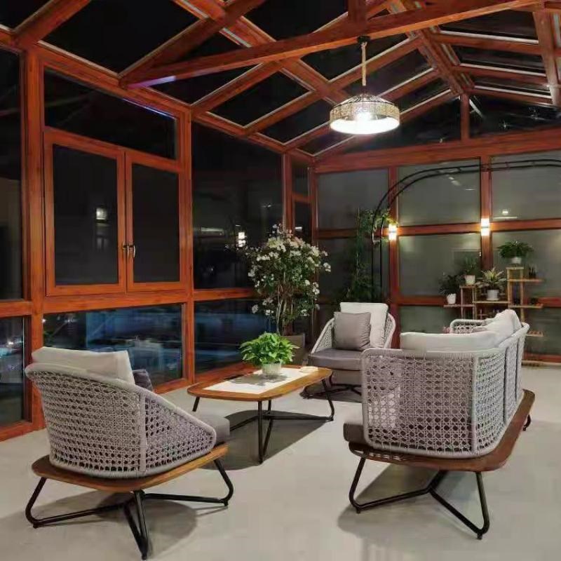 北欧户外绳编沙发茶几组合 室外实木休闲家具 阳台庭院藤编沙发椅