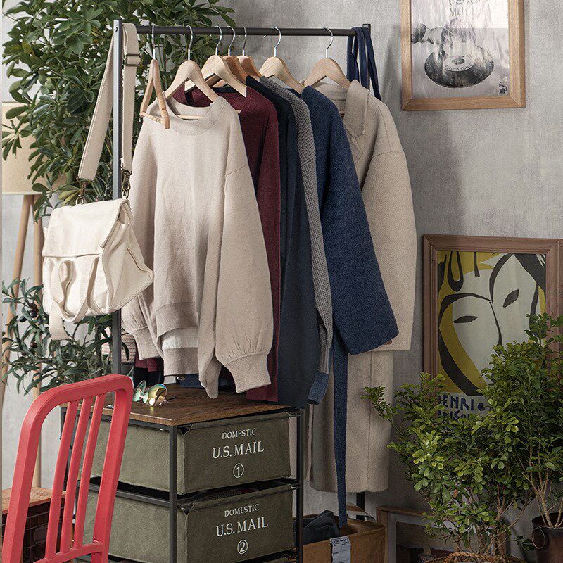 工业风复古铁艺多层厚帆布组合抽屉柜衣架储物置物架可移动衣帽架