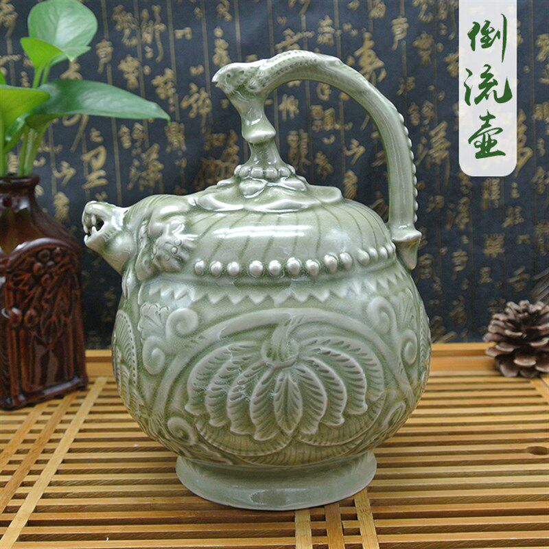 耀州瓷器窑青釉提梁倒流壶倒注壶仿古瓷古玩董魔壶1比1摆件收藏