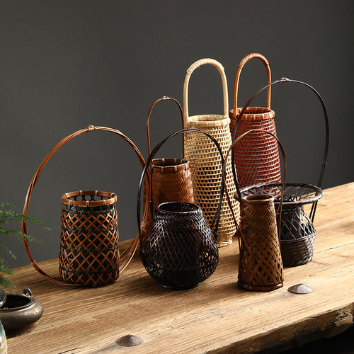 竹编花篮花器复古中式篮插花器皿花架竹筒花瓶竹编篮花道工艺品