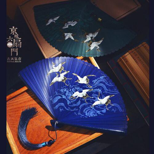 6JN全竹扇子古风小扇子迷你中国风喷绘复古风女折扇绿色跳舞蹈