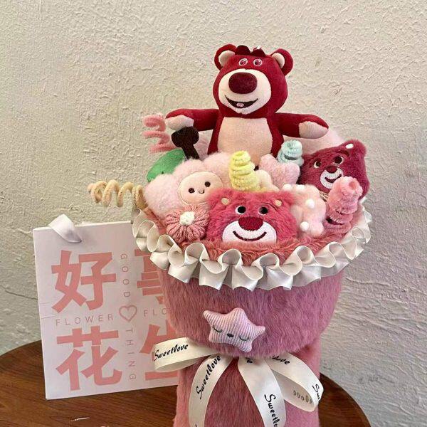 迪士尼可爱粉色草莓熊玩偶毛绒公仔花束生日礼物教师节毕业送女生