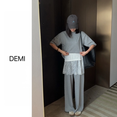 MISS RUILI定制 春季新款时髦圆领T恤屁帘裤休闲简约套装F1836