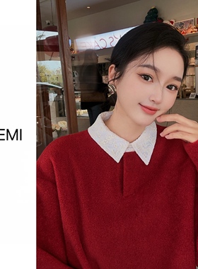 MISS RUILI 定制 冬款百搭蕾丝拼接翻领毛呢长袖上衣F1495