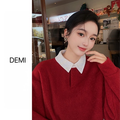 MISS RUILI 定制 冬款百搭蕾丝拼接翻领毛呢长袖上衣F1495