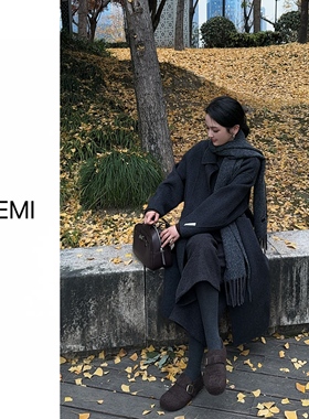 MISS RUILI 定制 冬季极简风翻领中长款单排扣毛呢外套F1457