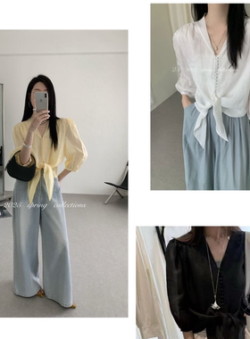 MISS RUILI 定制 新款苎麻系带衬衫女V领排扣小衫上衣F0886