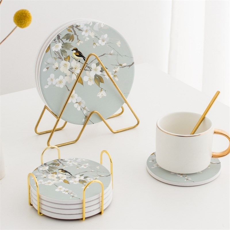 清新花鸟 陶瓷隔热防p烫餐桌防水锅垫北欧复古圆形水杯垫防滑垫子