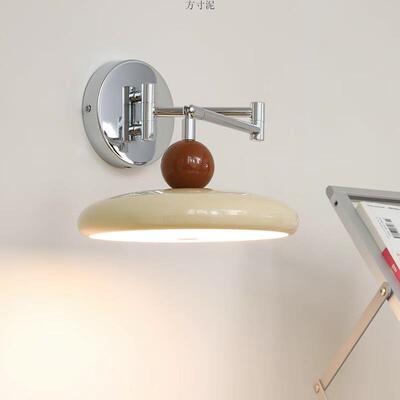 法奶油风摇臂壁灯灯卧室头床免布线60604接式线中古可旋转长臂灯