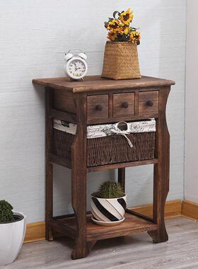 复古田床头柜实木简旧易窄小柜子40做藤OLZ编收纳储物柜多园功能