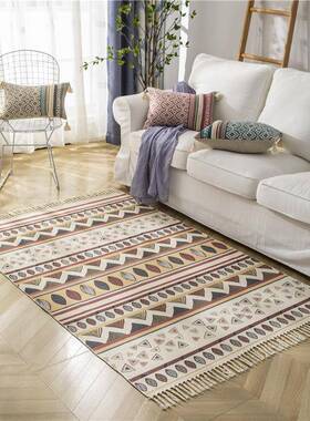 日式纯家手工编地毯厂货源家用客厅房间长条流苏防棉滑织BFB地垫