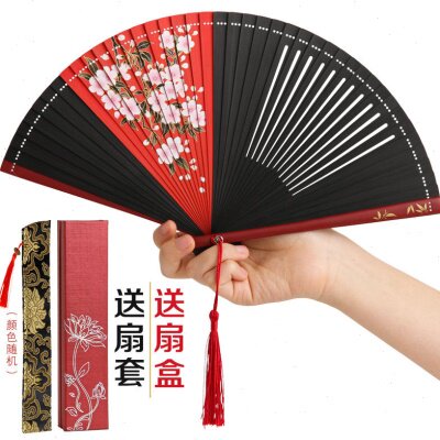中式全竹扇子女式镂空印花撞色便携古风折扇小巧折叠学生用跳舞扇
