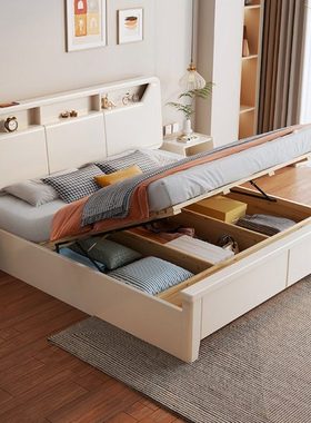 北欧白色全实木床现代简约奶油风格1.8米轻奢主卧2米储物高箱大床